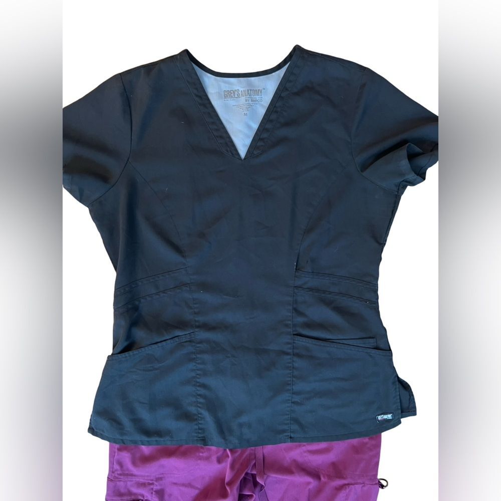 Grey’s Anatomy by Barco Scrub Set Medium Black Top Burgundy Pants Medical - Picture 4 of 11